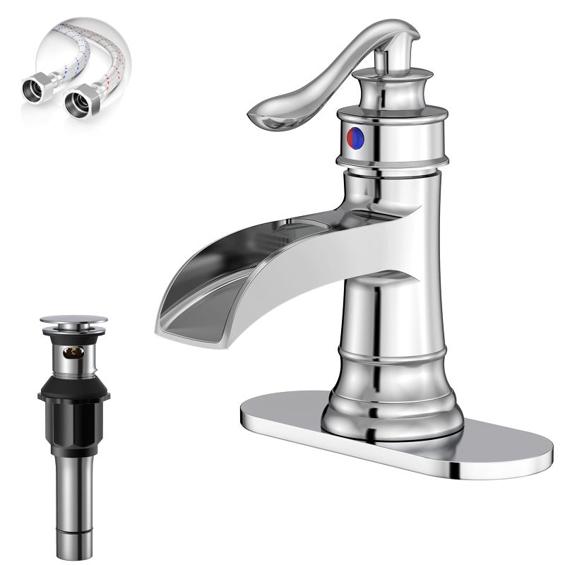 BATHLAVISH Polished Chrome Waterfall Bathroom Faucet, Single Handle Bathroom Sink Faucet 1 Hole or 3 Hole, Vanity Sink Faucet for Vintage Antique Lavatory Washroom with Pop Up Drain, Deck, 2 Hoses - Image 1